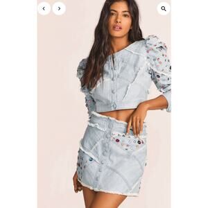 LoveShackFancy Cayde Denim Mini Skirt Jewel Embellishments Button Front Sz 2